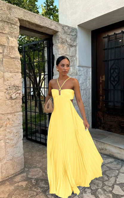 Women's Maxi Dress – Strapless – Cross Details – Pleated A-Line – Side Cutouts