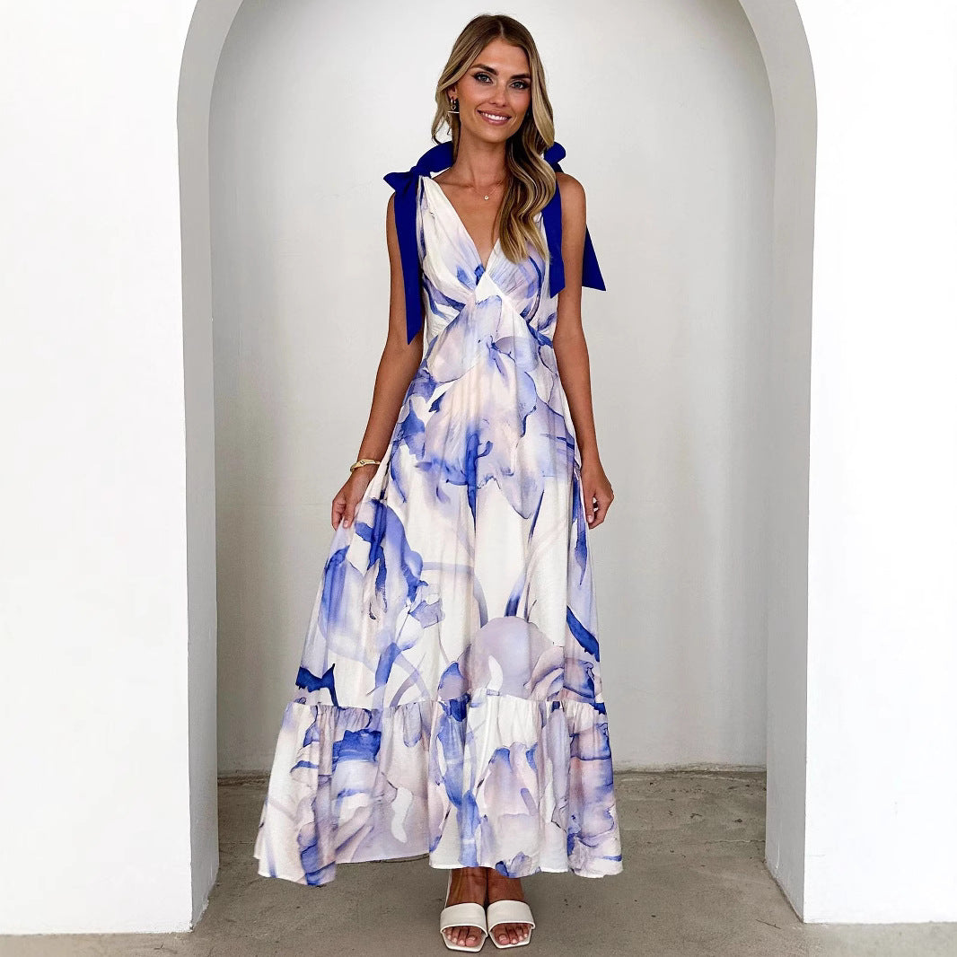 Women's Maxi Dress – Light and Breathable – Sleeveless V-neck – Tie Belt – Printed Design