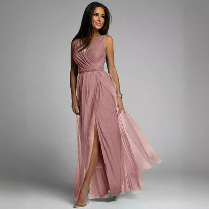 Women's Evening Dress – Slim Fit – Deep V-Neck – High Slit – Shiny Fabric