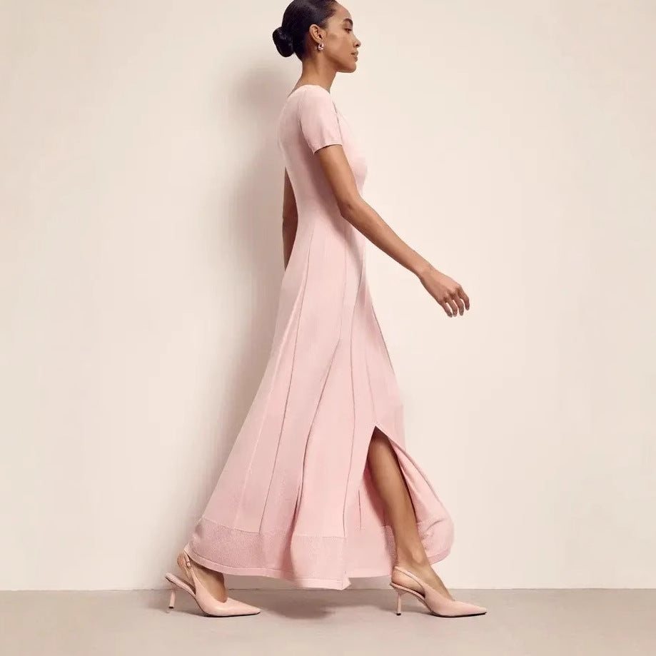 Women's Maxi Dress – Slim Fit – V-Neck – Short Sleeves – Pleated with Front Slit