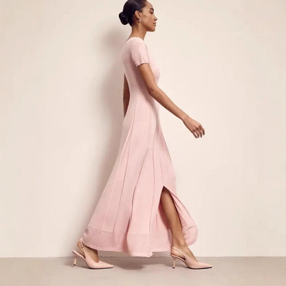 Women's Maxi Dress – Slim Fit – V-Neck – Short Sleeves – Pleated with Front Slit