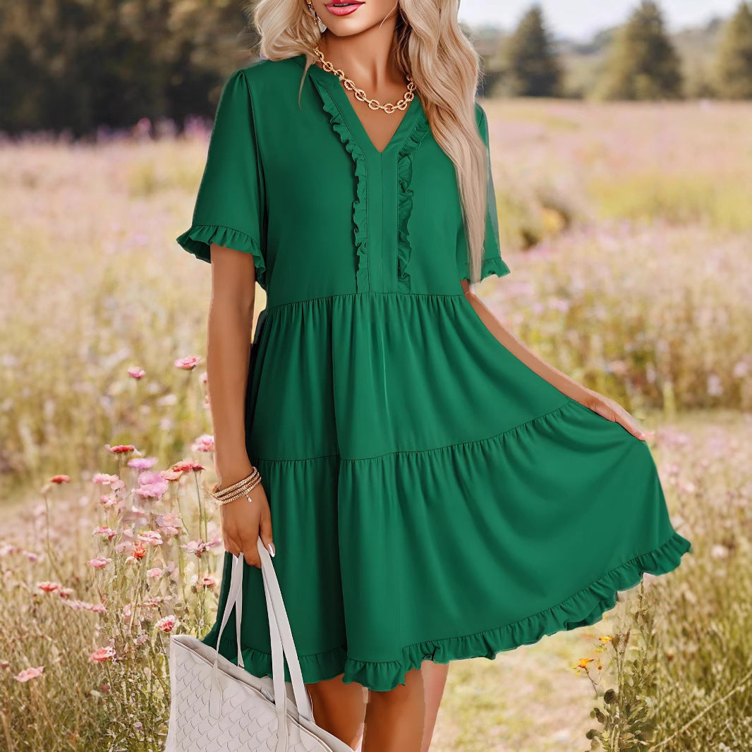 Women's A-line Dress – V-neck – Ruched Details – Layered – Short Sleeves – Loose Fit
