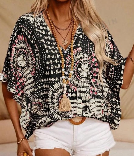 Women's V-Neck T-Shirt – Relaxed Fit – Batwing Sleeves – Light Print Top
