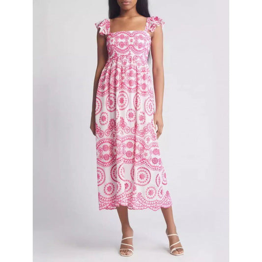 Women's Midi Dress – Natural Fibers – Relaxed Fit – Ruched Sleeves – Square Neckline