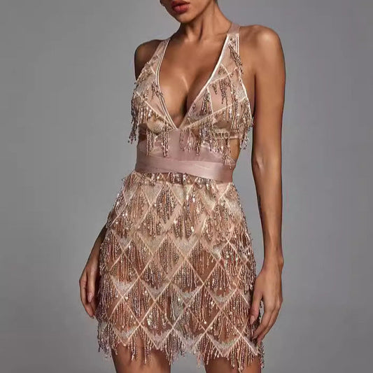 Dress for Women – Midi – Fitted – Deep V-neck – Sequins and Fringes