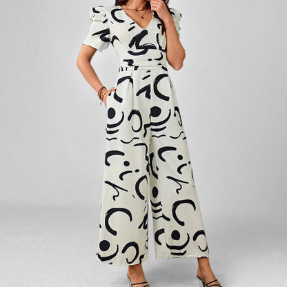 Women's Jumpsuit – V-Neck – Puff Sleeves – Wide Legs – Elegant Fit – Abstract Pattern
