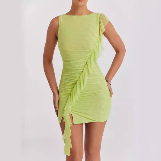 Dress for Women – Bodycon Fit – Sleeveless and Backless – Ruched Mini Length with Ruffles