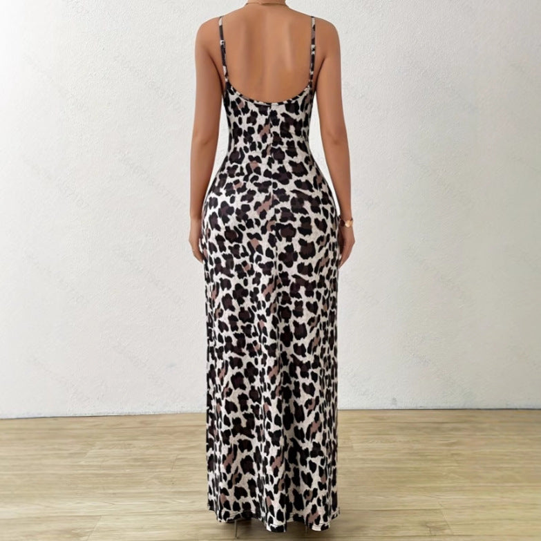 Women's Sleeveless Dress - Slim Fit - Leopard Print - Full Length with Side Slit