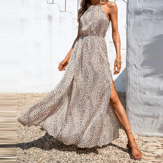 Dress for Women – Halterneck – A-line – Light Material – Polka Dot Pattern – High Slit