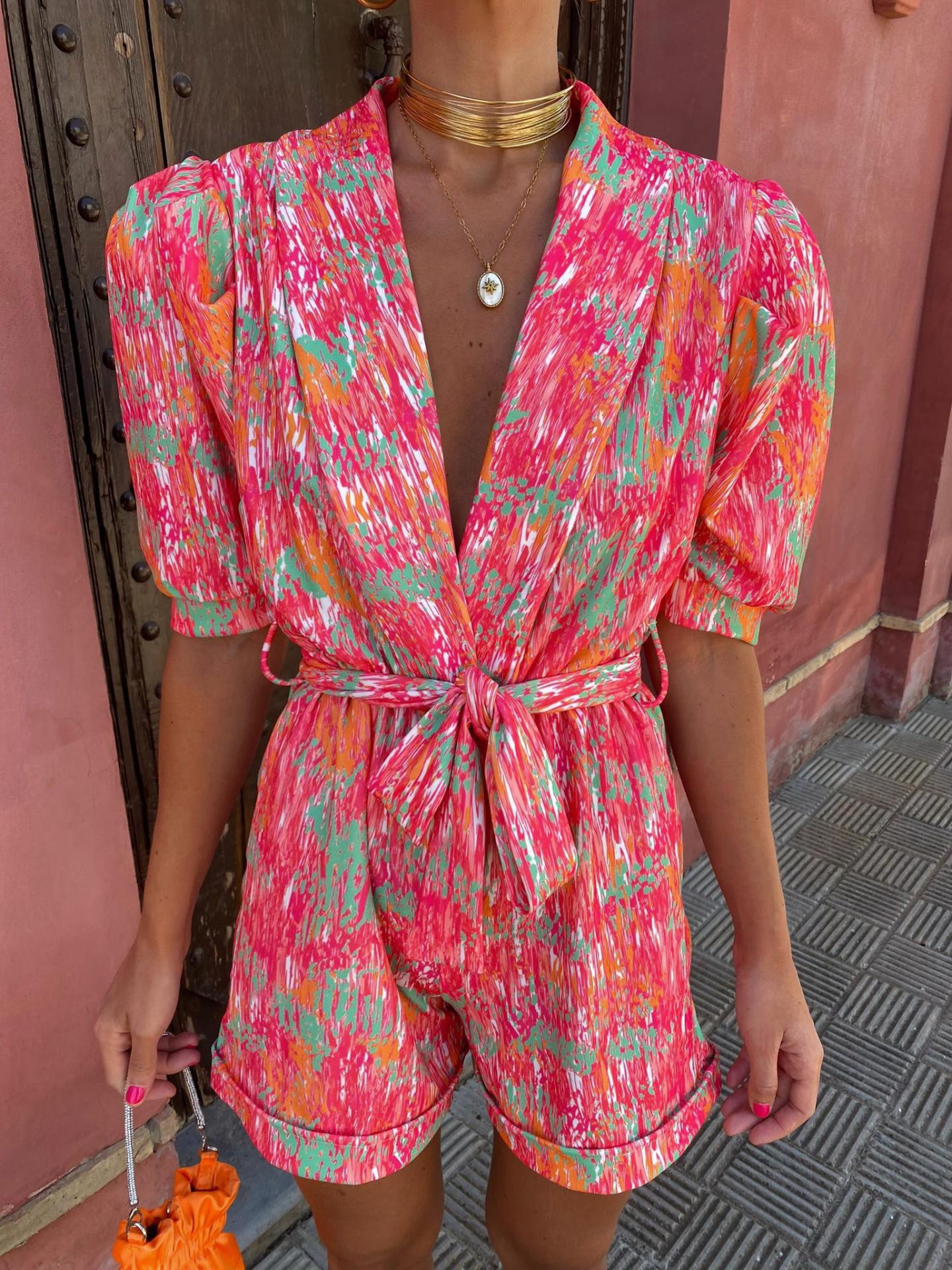 Women's Jumpsuit – Relaxed Fit – Puff Sleeves – Deep V-Neck – Abstract Print – Belt – Pockets