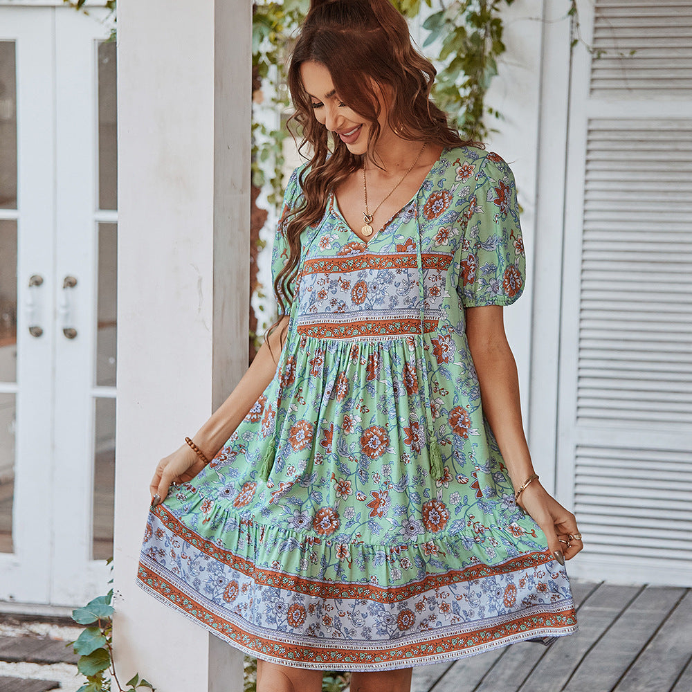 Dress for Women – A-line Mini – Cotton – V-neck – Puff Sleeves – Floral Pattern