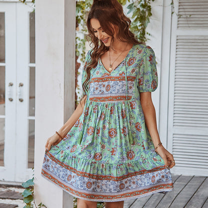 Dress for Women – A-line Mini – Cotton – V-neck – Puff Sleeves – Floral Pattern