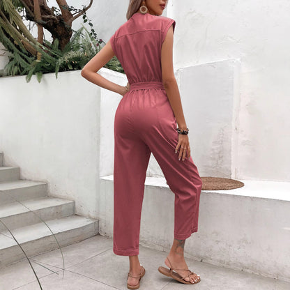 Women's Jumpsuit – Sleeveless – V-neck – Loose Fit – Tie Belt – Button Closure – Ankle Length