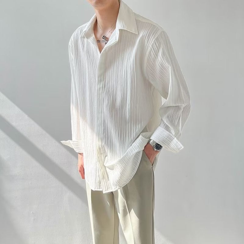 Men`s Long-Sleeve Shirt – Crinkled Texture – Oversized Fit – Button Closure