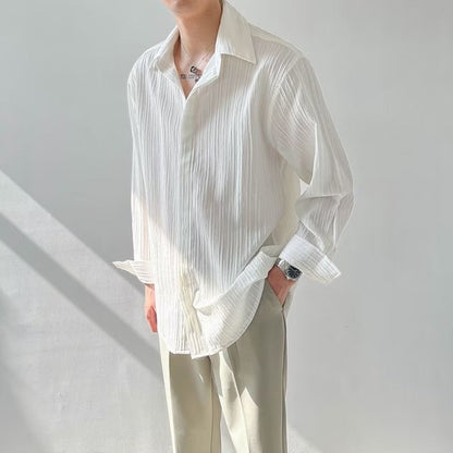Men`s Long-Sleeve Shirt – Crinkled Texture – Oversized Fit – Button Closure