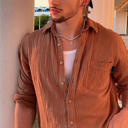 Men's Shirt with Long Sleeves – Relaxed Fit – Breathable Cotton and Linen Blend – Button Closure