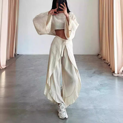 Women's Two-Piece Set – Linen Blend – Cropped Top – Wide Pants with Ruffle Details