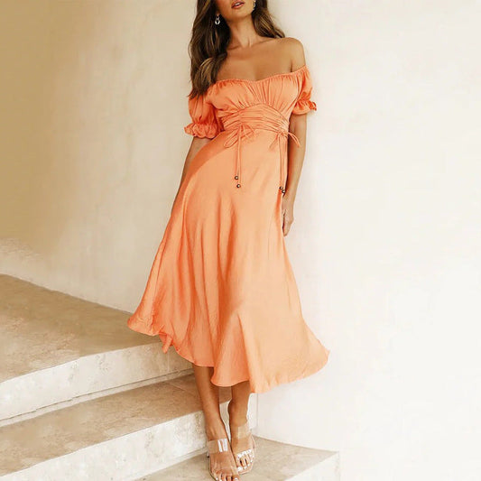 Women's Dress Midi – Off-shoulder – A-line Fit – Ruched Waist – Ruffle Sleeves