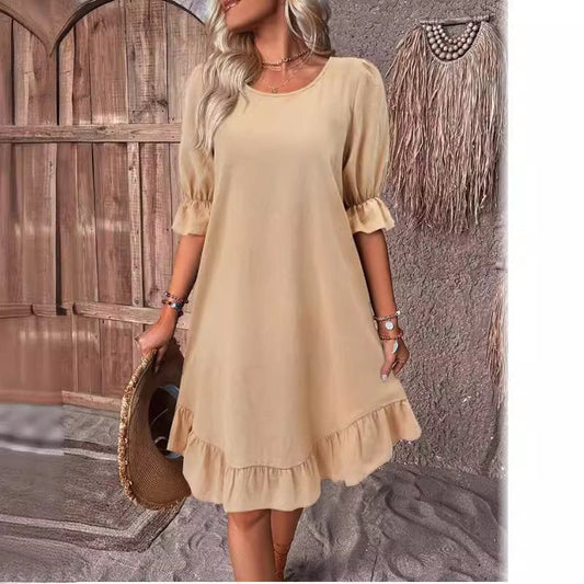 Women's Midi Dress – Relaxed Fit – Flounce Sleeves – Ruched Hem – Light and Breathable