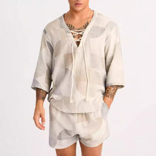 Men's Set with Shirt and Shorts – Relaxed Fit – Lightweight and Breathable Fabric – Drawstring Closure