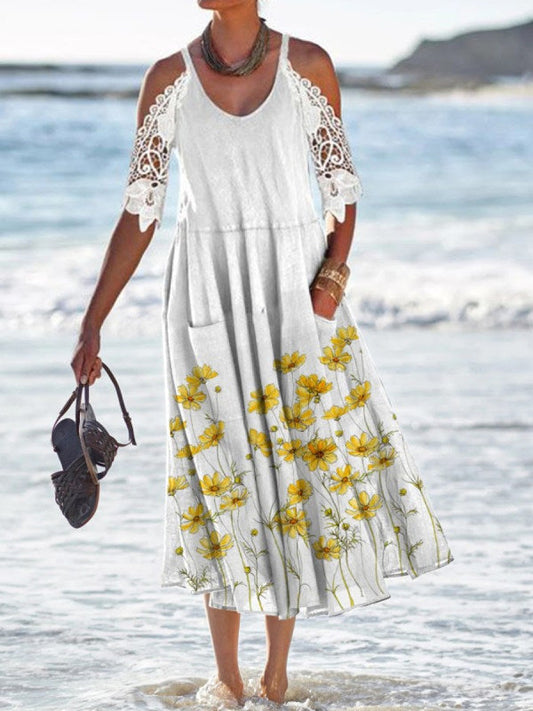 Women's Maxi Dress – Loose Fit – Lace Sleeves – Cold Shoulder – With Pockets