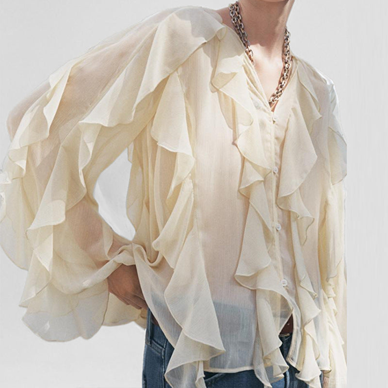 Women's Blouse – Loose Fit – Light Chiffon – V-Neck – Long Sleeves – Ruffle Front