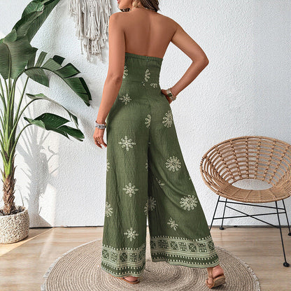 Women's Jumpsuit – Strapless – Wide Legs – Embroidery – Waistband – Cotton Linen