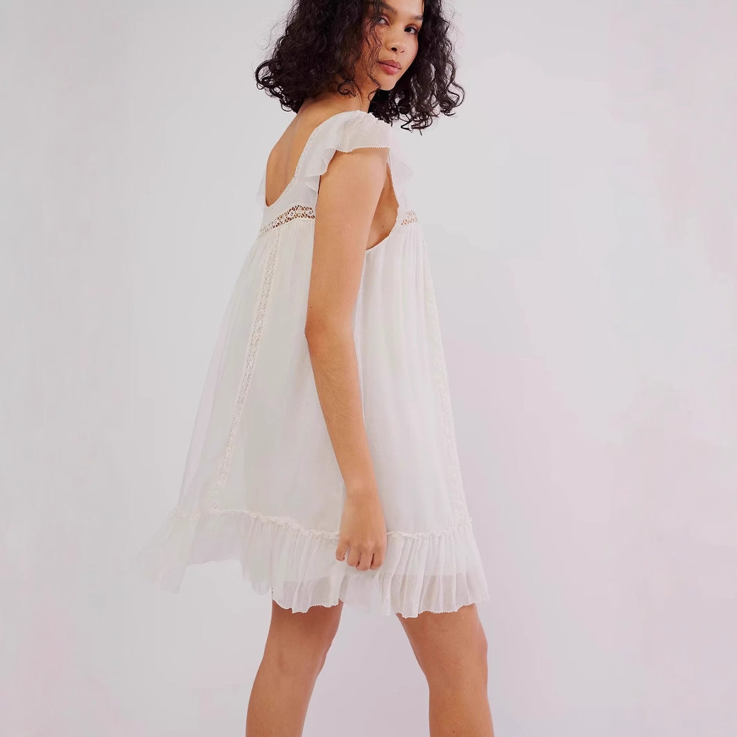 Women's Mini Dress – Sleeveless Chiffon – Loose Fit – Buttons and Lace Trim
