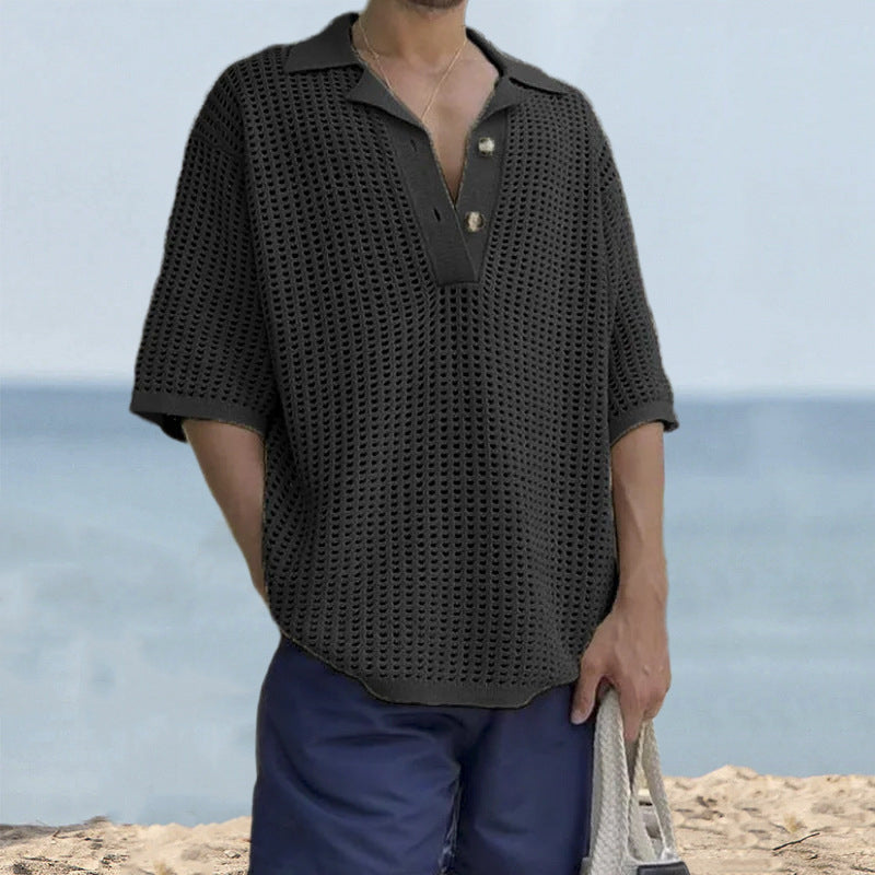 Men's Sweater – Open Knit – Oversized Fit – Short Sleeves – Notch Lapel