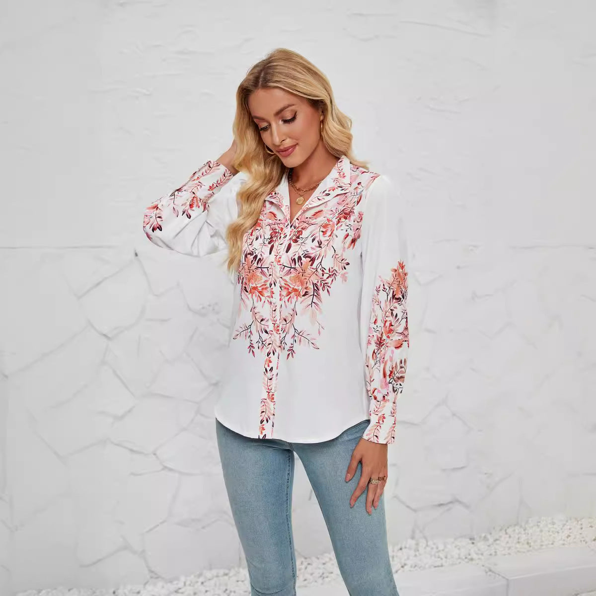 Women's Blouse – Relaxed Fit – Button Closure – Stand Collar – Floral Pattern – Long Sleeves