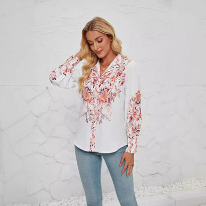 Women's Blouse – Relaxed Fit – Button Closure – Stand Collar – Floral Pattern – Long Sleeves