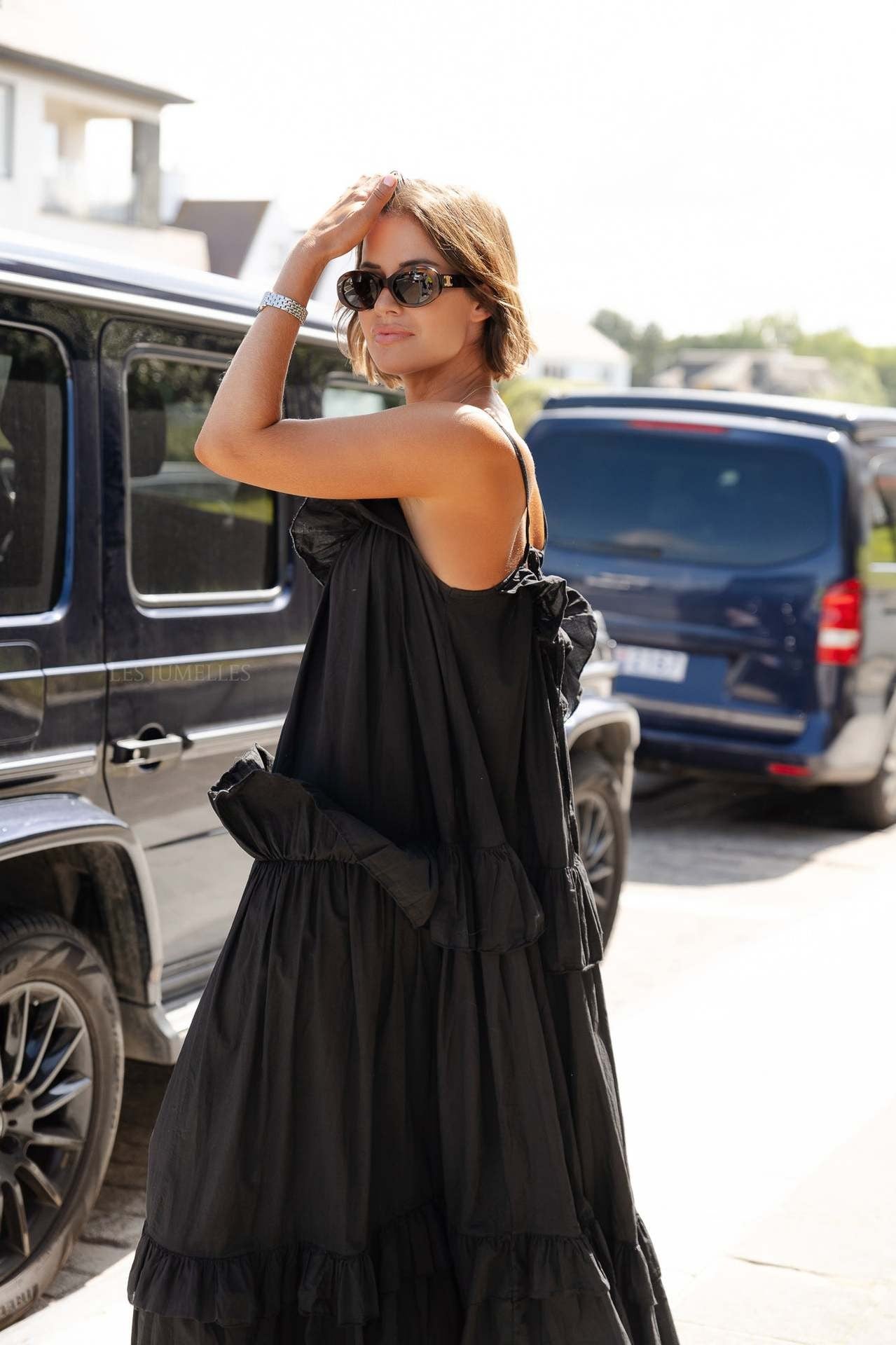 Women's Maxi Dress – Flowy Fit – Ruched Neckline – Layered Skirt – Spaghetti Straps