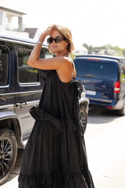 Women's Maxi Dress – Flowy Fit – Ruched Neckline – Layered Skirt – Spaghetti Straps