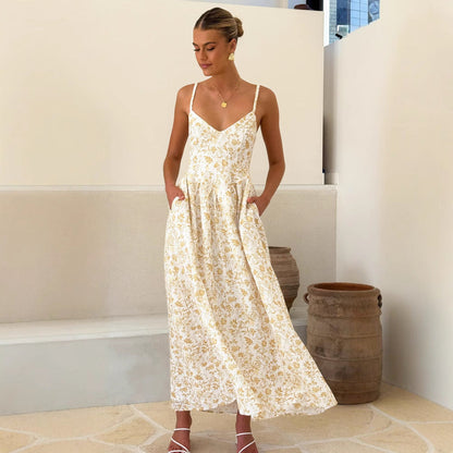 Women's Maxi Dress – Sleeveless Flared Fit – V-Neck – Floral Pattern – Bow Detail