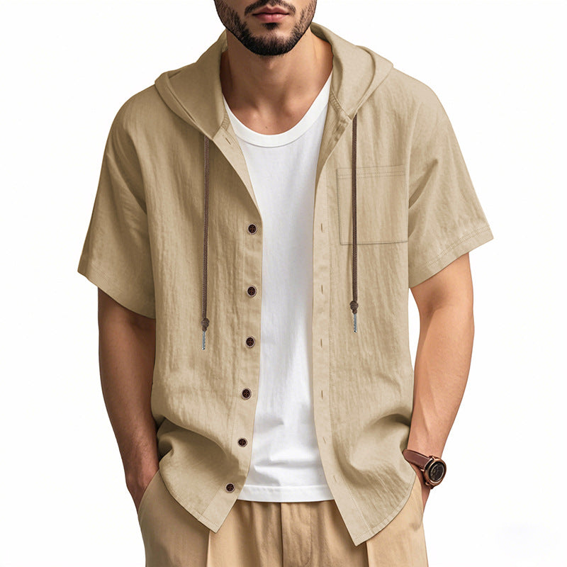 Men's Shirt with Hood – Linen Blend – Relaxed Fit – Short Sleeves – Button Closure