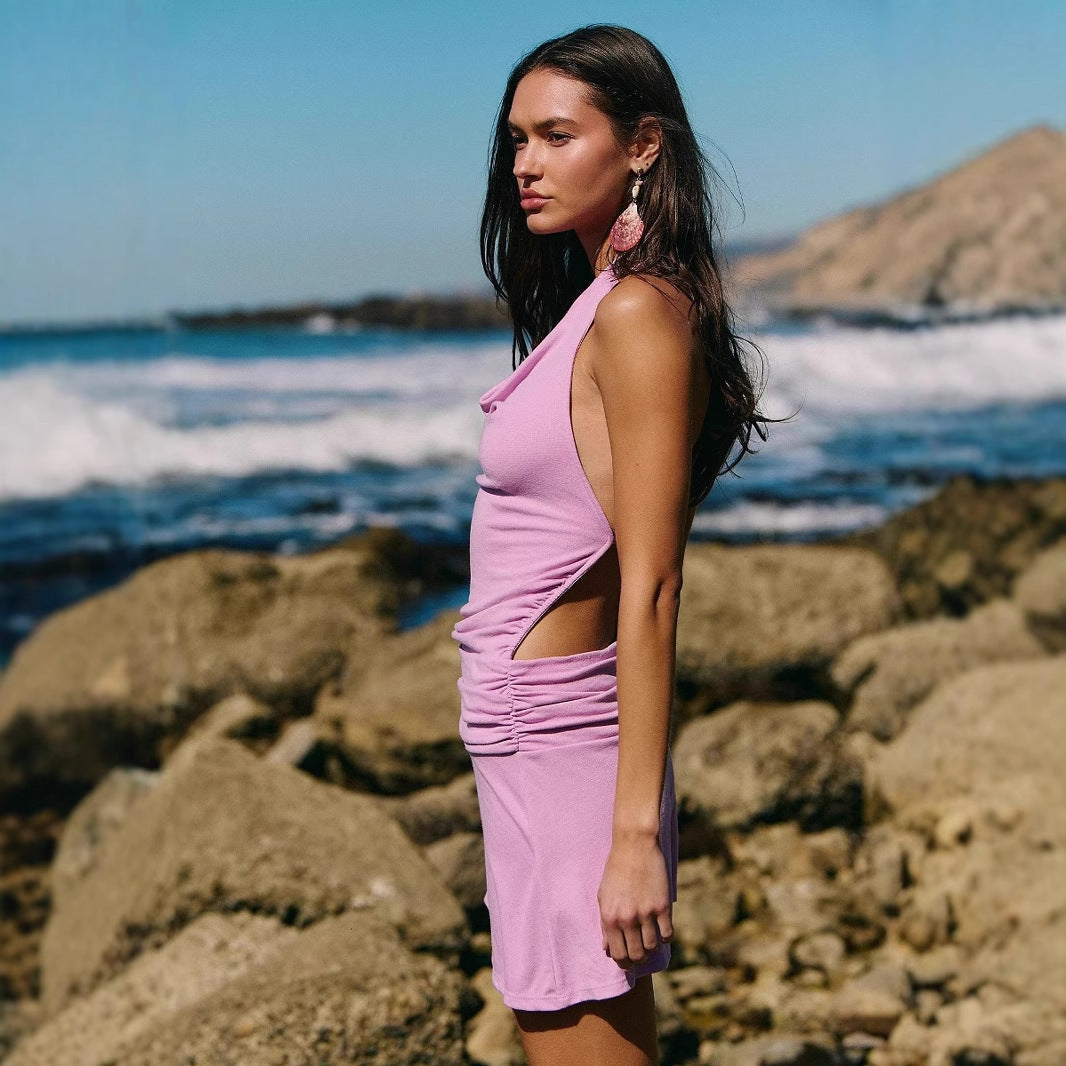 Women's Mini Dress – Slim Fit – Cowl Neck – Open Back – Ruched Side Line – Evening Look