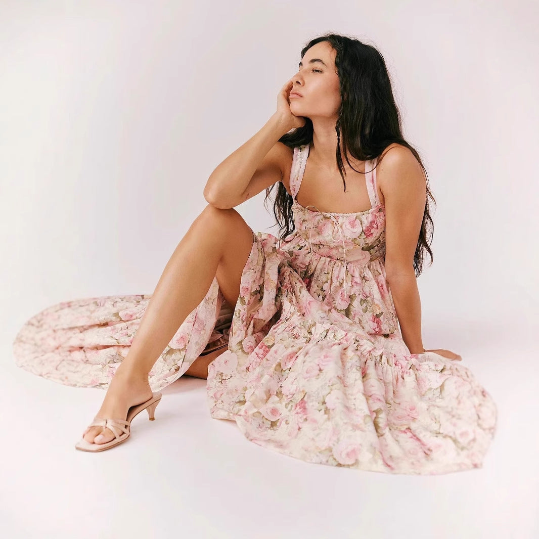 Women's Maxi Dress – Chiffon – Pleated Bohemian Style – Spaghetti Strap – Floral Print