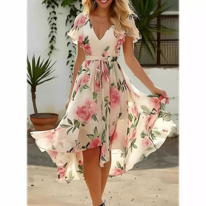 Dress for Women – Floral Print – V-Neck – Ruffle Sleeves – Tie Belt – High-Low Hem
