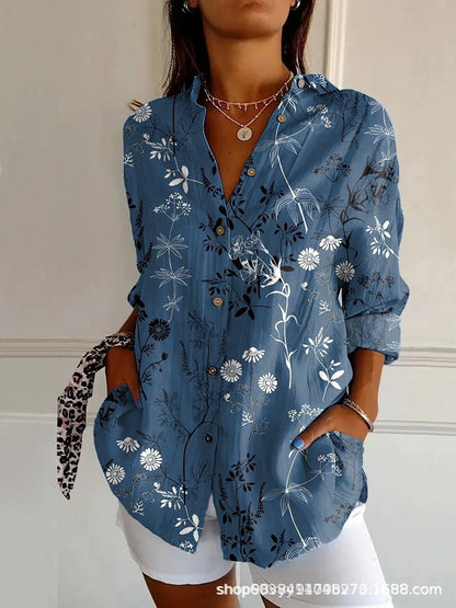 Women’s Blouse – Long-Sleeve Relaxed Fit – V-Neck Abstract Print – Modern Casual