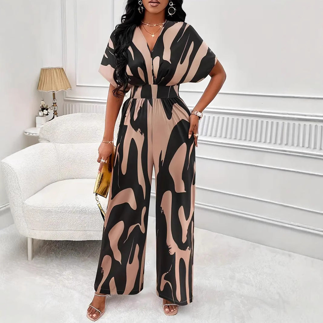 Women's Jumpsuit – Light and Breathable – Short Sleeve – V-Neck – Elastic Waist – Wide Legs