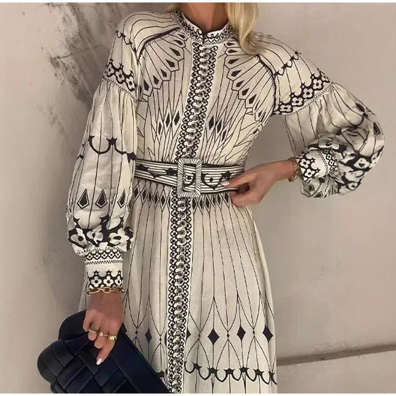 Women's Midi Dress – Elegant Fit – Voluminous Sleeves – Belted Waist – Patterned Design