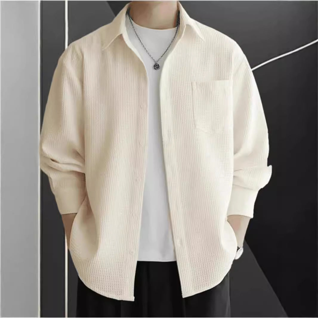 Men's Shirt – Waffle Knit – Oversized Fit – Long Sleeve – Button Closure Casual
