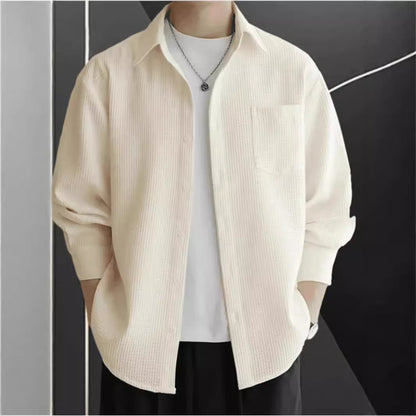 Men's Shirt – Waffle Knit – Oversized Fit – Long Sleeve – Button Closure Casual