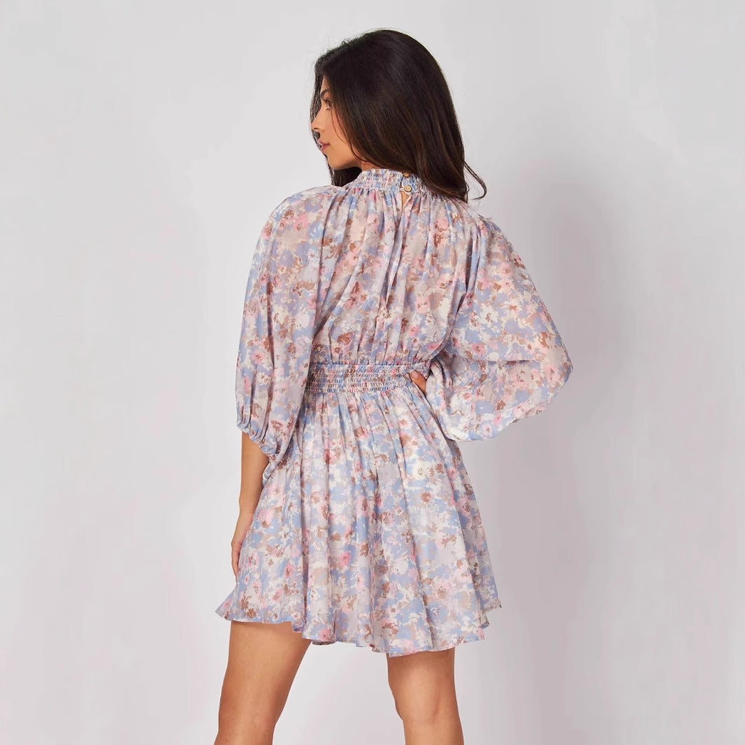 Dress for Women – Chiffon – V-Neck – Ruched Waist – Bohemian Fit – Bishop Sleeves