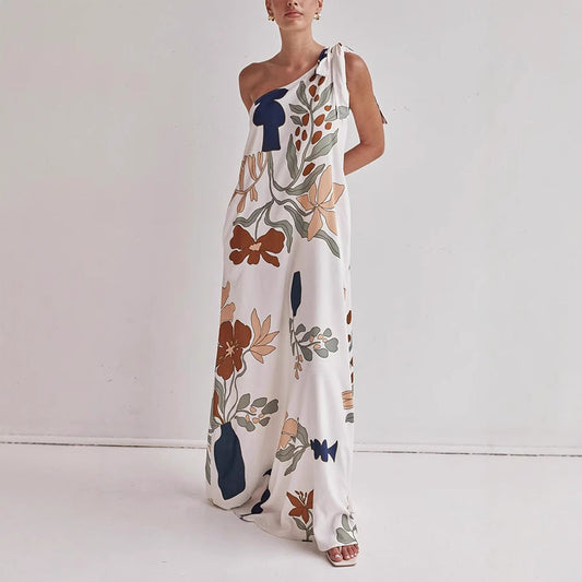 Women's Maxi Dress – One Shoulder – Loose Fit – Natural Fibers – Graphic Print