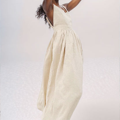 Women's Midi Dress – V-Neck – High Waist – Open Back – Adjustable Straps – Slit