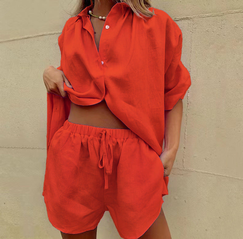 Women's Set – Casual Shirt and High-Waisted Shorts – Light and Breathable Linen Look