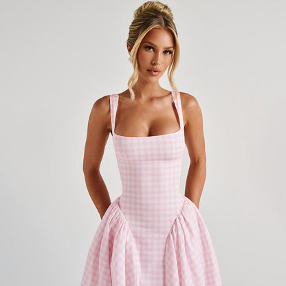 Dress for Women – Midi Dress – Princess Cut – Checkered Pattern – Spaghetti Straps – Square Neckline