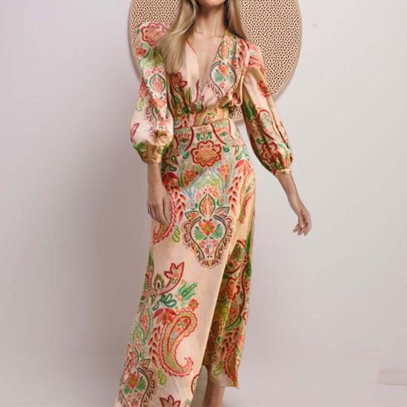 Dress for Women – A-line Cut – Satin Look – V-neck – Long Sleeves – Paisley Pattern