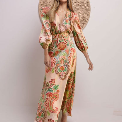 Dress for Women – A-line Cut – Satin Look – V-neck – Long Sleeves – Paisley Pattern